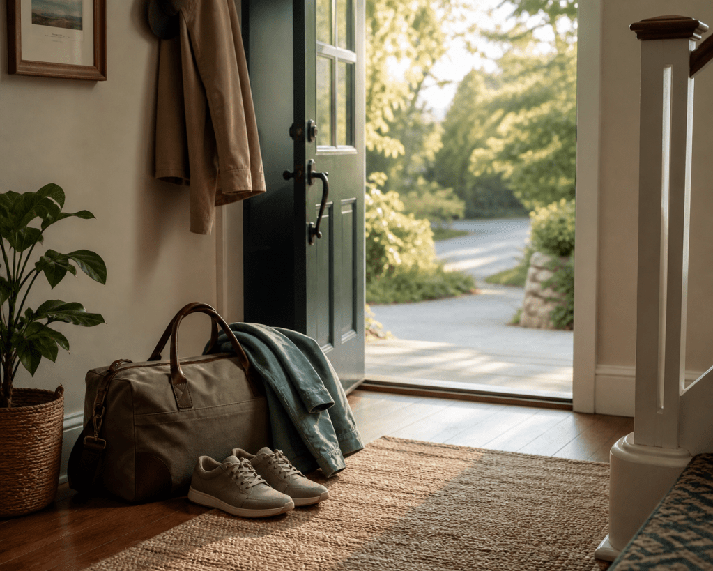 Packed bag and shoes by a doorway, suggesting practical retirement travel planning