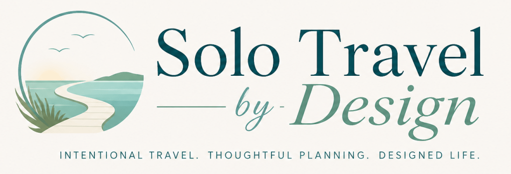 Solo Travel by Design logo with a calm coastal path and horizon