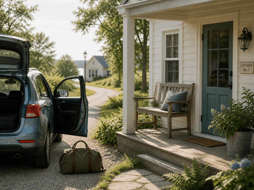 Packed car near a quiet road for sustainable retirement travel